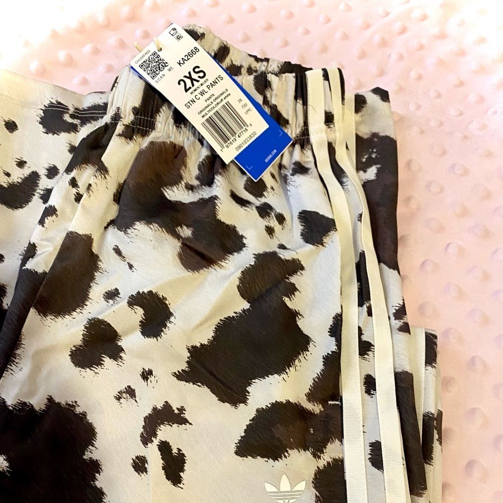 NWT RARE Adidas Originals Satin Wide Leg Animal Cow Print Track Pants 2XS - Picture 8 of 8